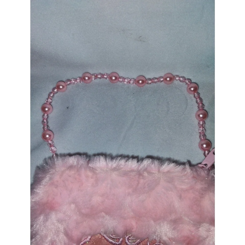 Princess Girl's Pink Faux Fur Beaded Handle Purse Handbag Adorable‎ Cute